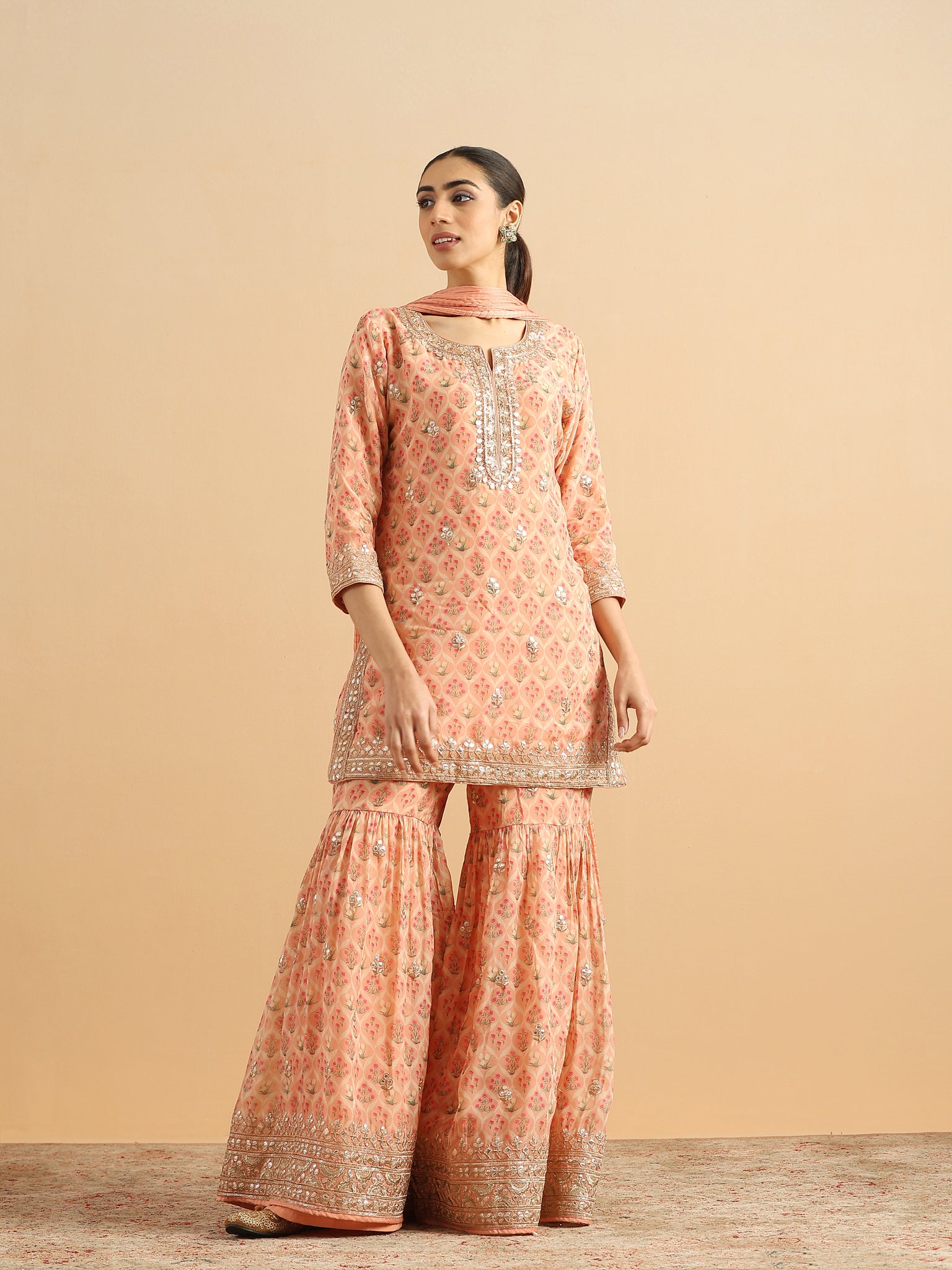 Peachy Organza Tulip Stitched Suit
