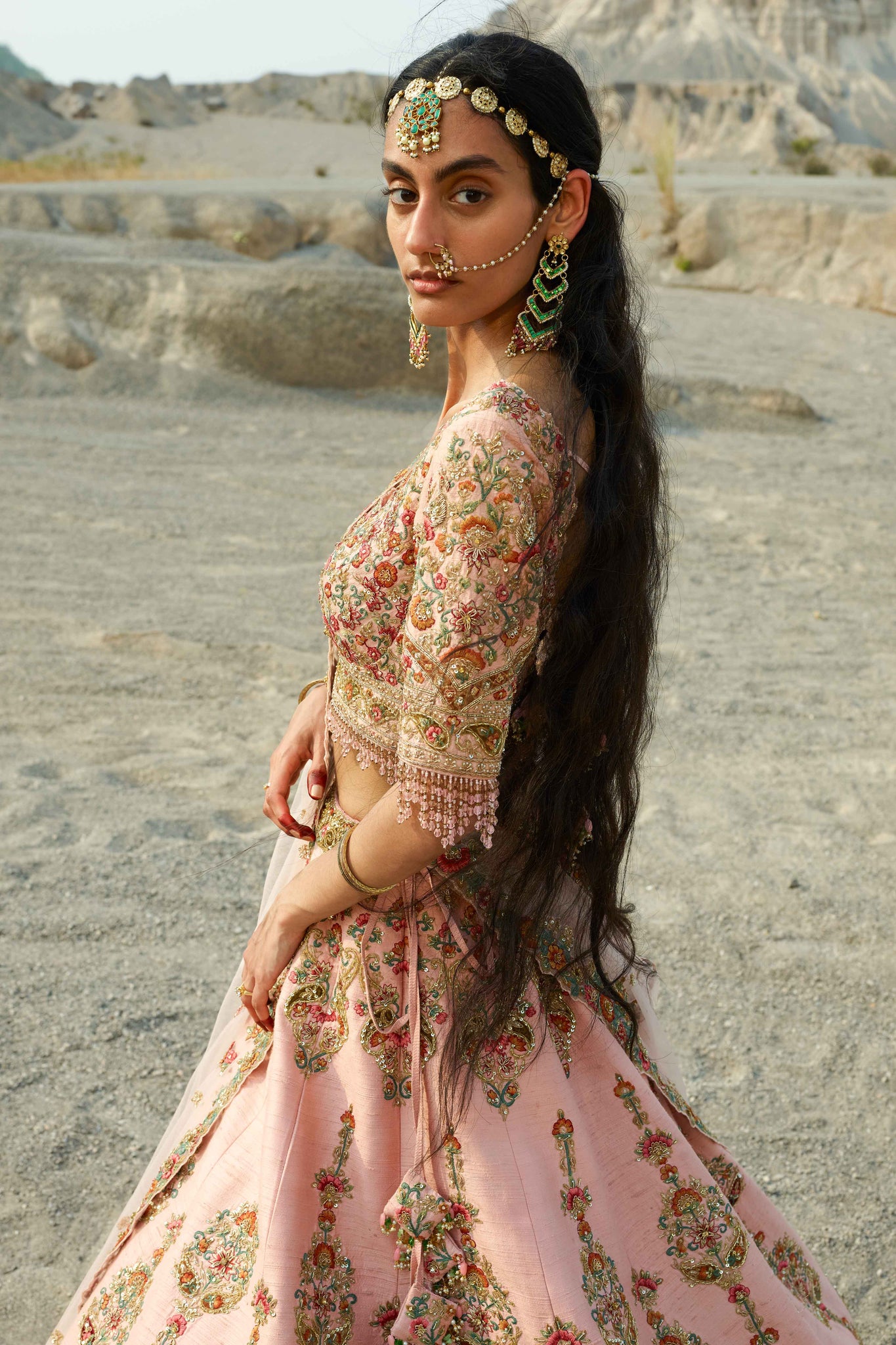 Velied Rose Pink Hand Embroidered Lehenga with Floral Motifs