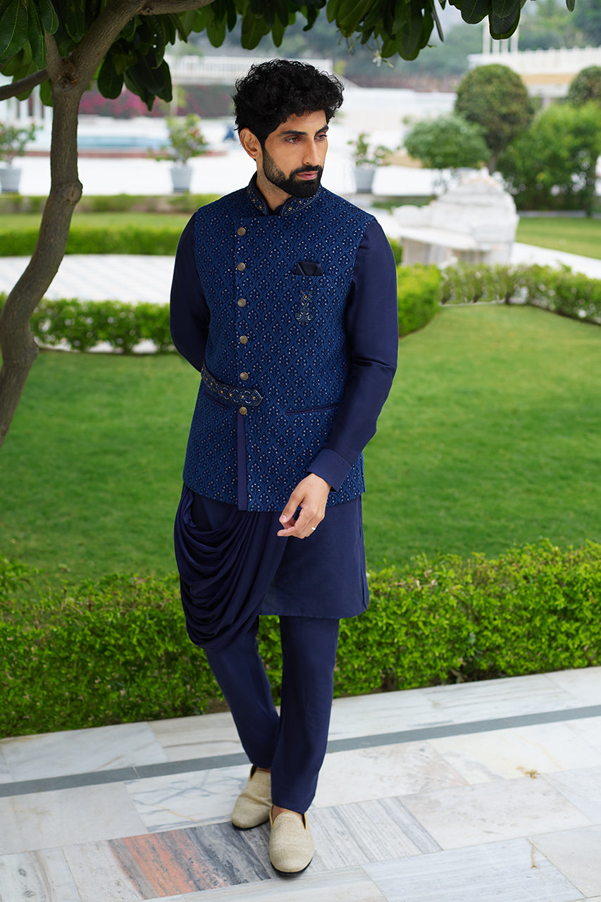 Kurta Set for Men - Buy Fashionable Draped Blue Kurta Jacket Set Online ...