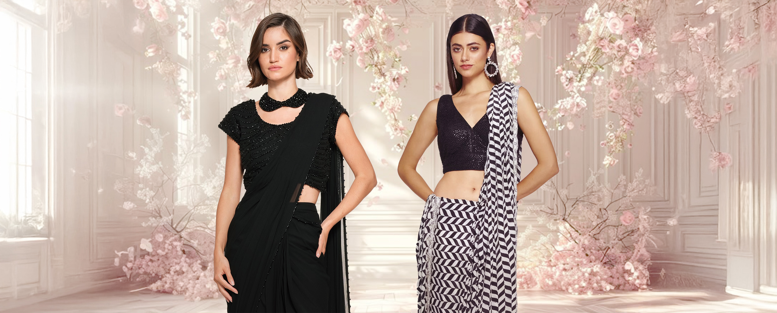 Two women modeling black and black-and-white sarees with stylish blouses, demonstrating color combos to elevate a black saree.