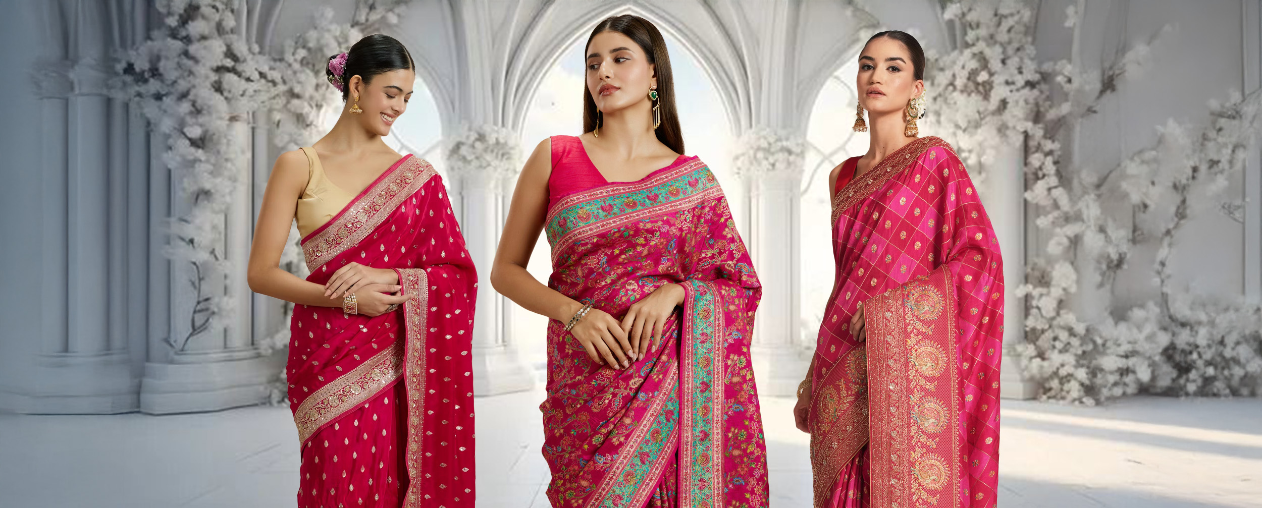 Three women showcasing different styles of vibrant pink silk sarees, illustrating the allure of Banarasi textiles.