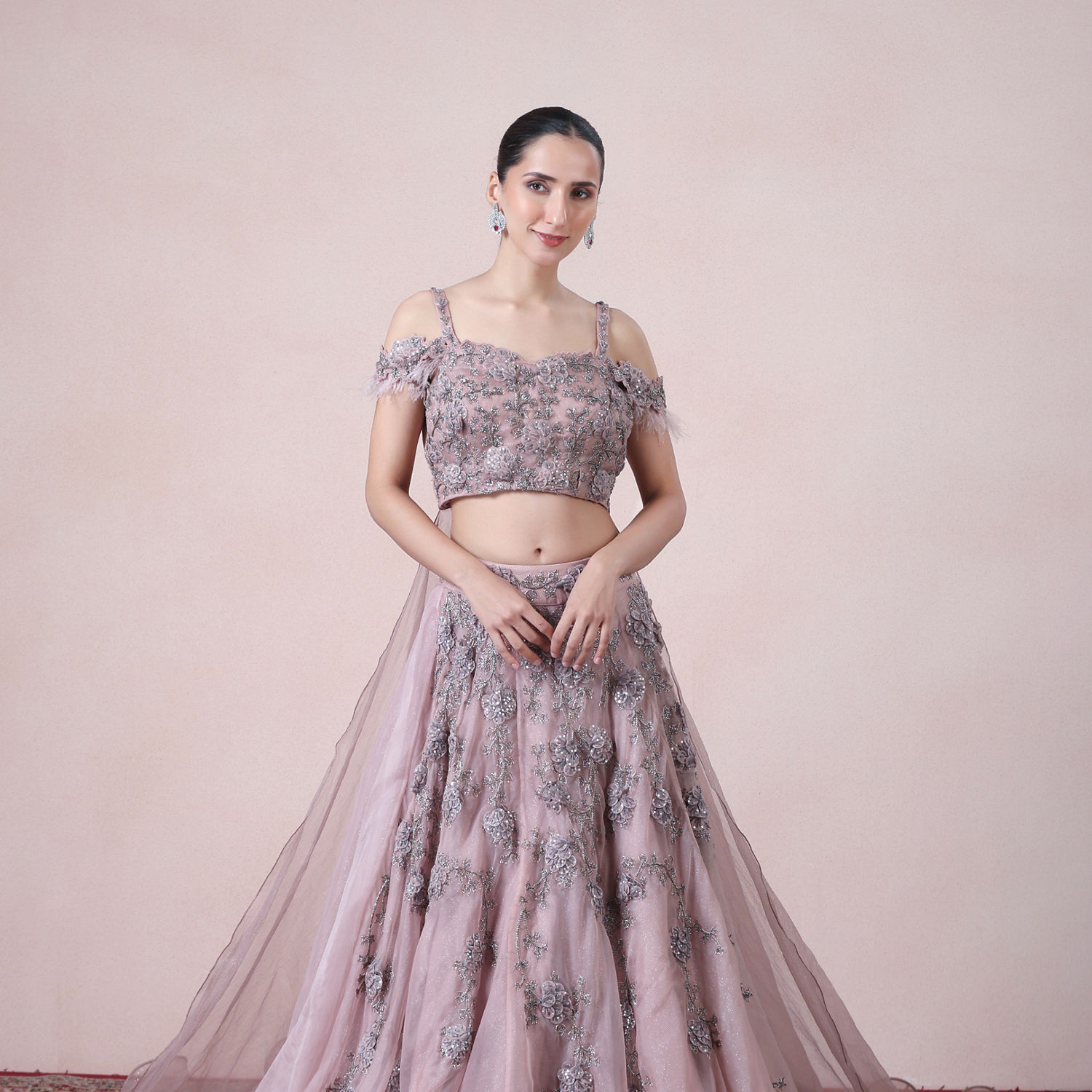 Pink Drape Embroidered Silk Top with Printed Organza Lehenga Set for Girls