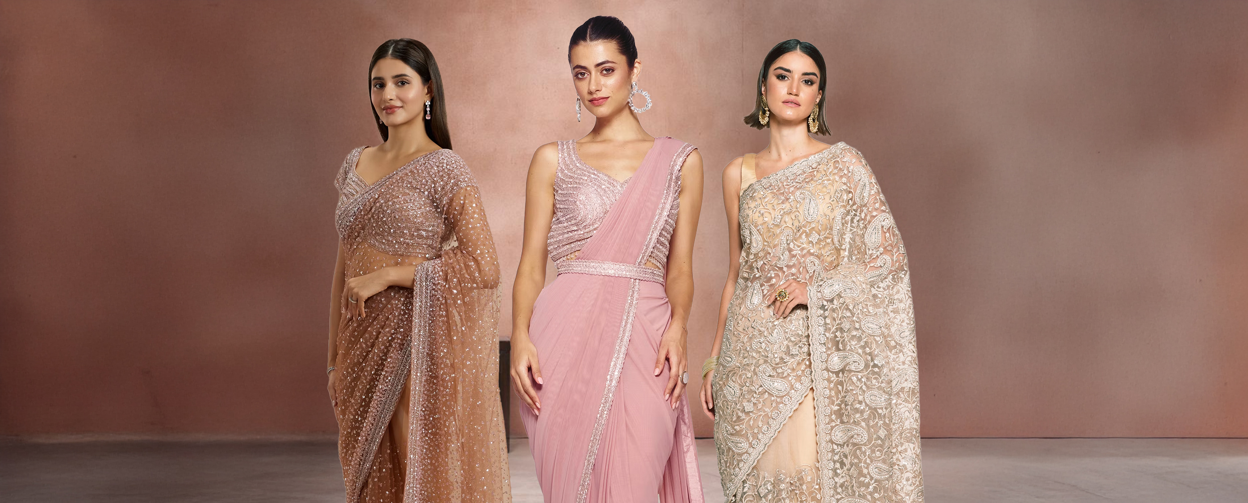 Three women in contemporary sheer and net sarees, showcasing different styles of sequined and embroidered fabrics.