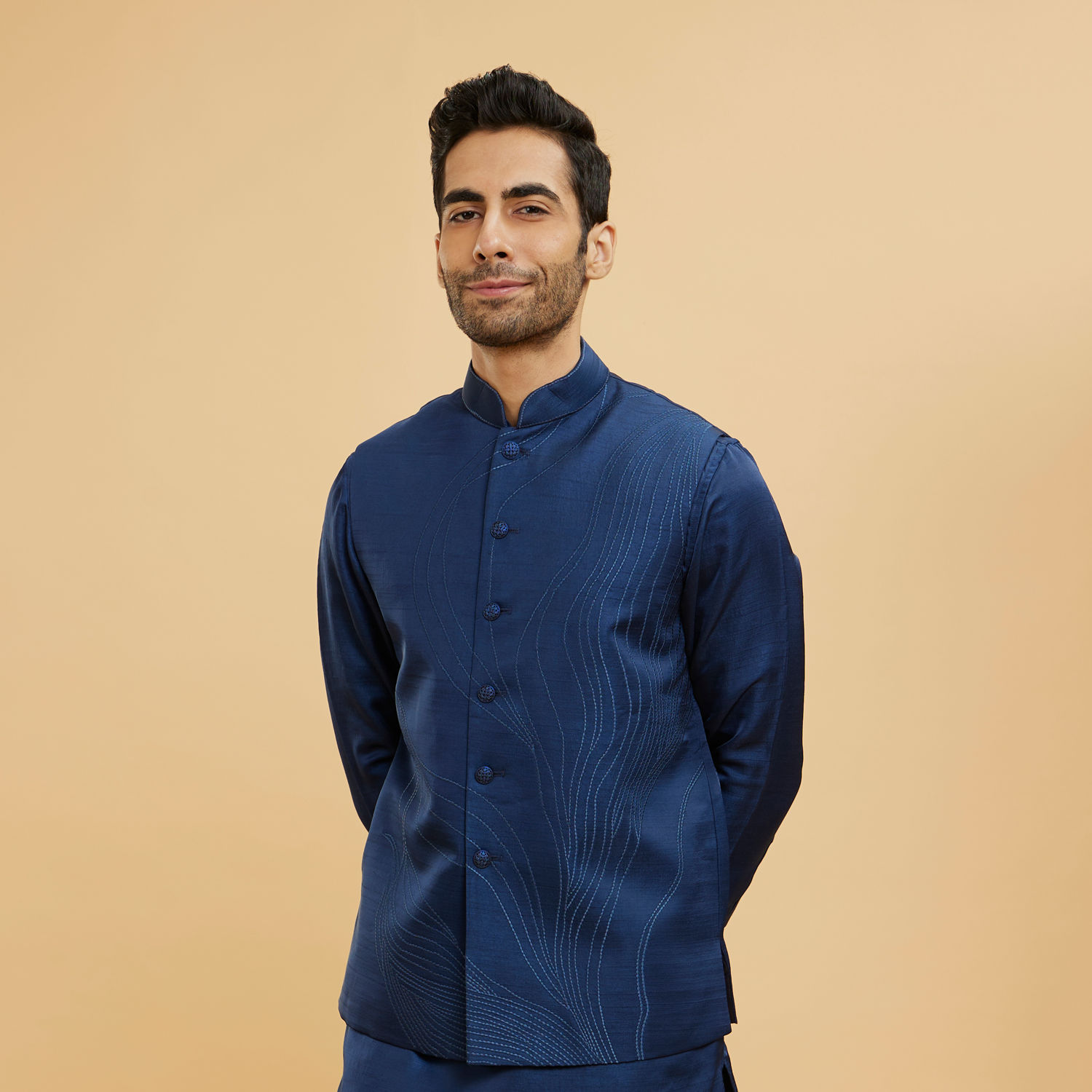 Buy Navy Blue Wave Patterned Jacket Set with Shimmery