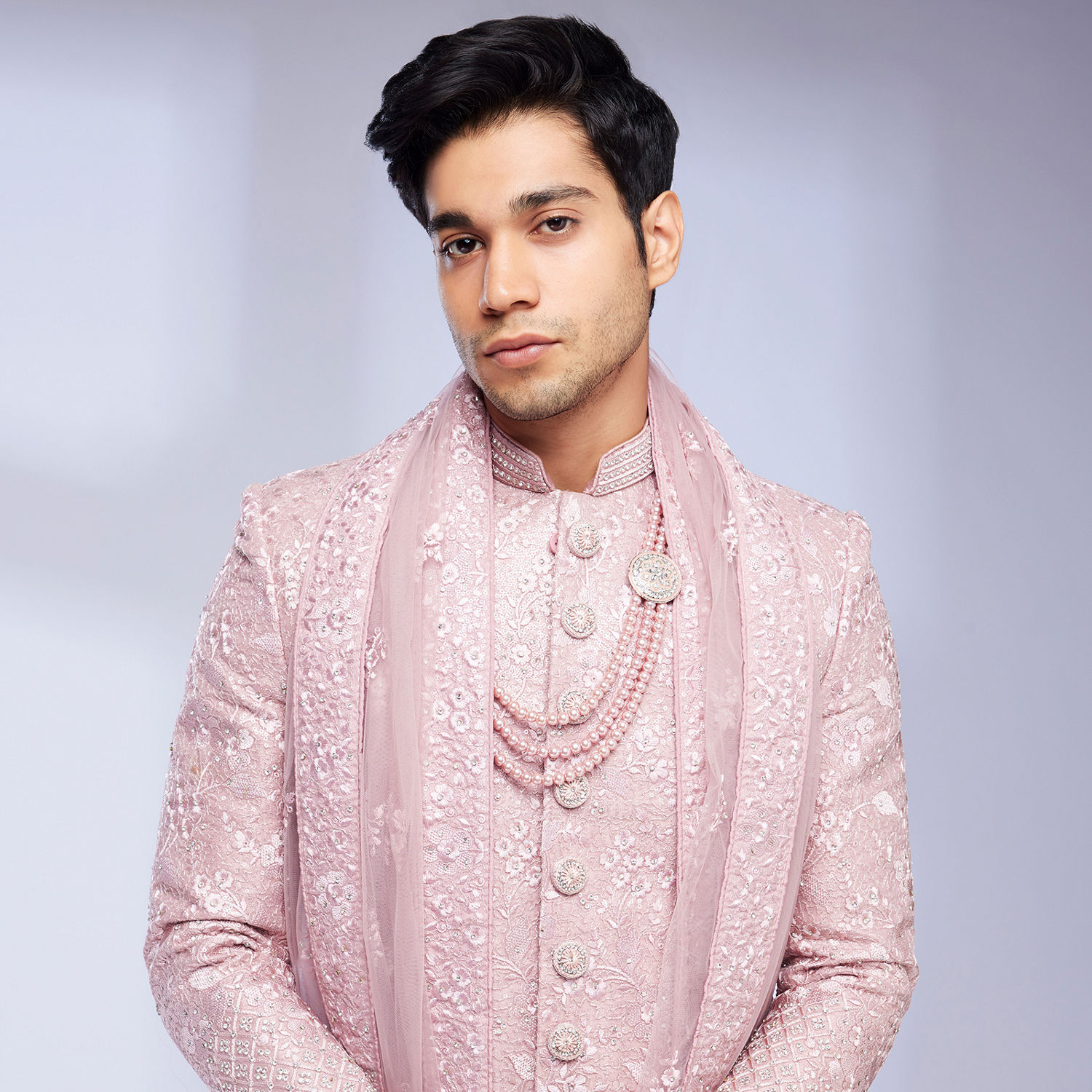 Buy Dusty Pink Bel Buti Patterned Sherwani Set Online in the USA - Main Image