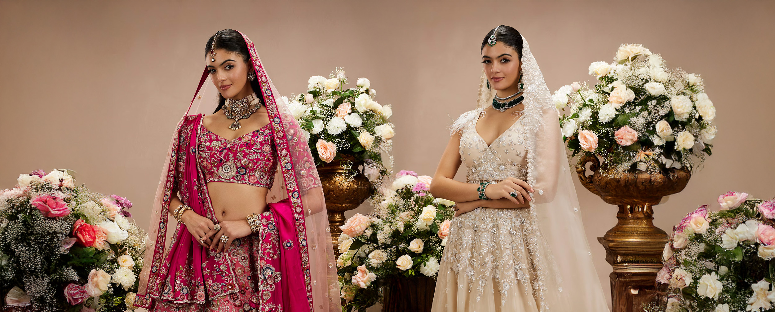 Bride wearing a voluminous red and white embroidered net lehenga with layered cancan Bride wearing a voluminous red and white embroidered net lehenga with layered cancan